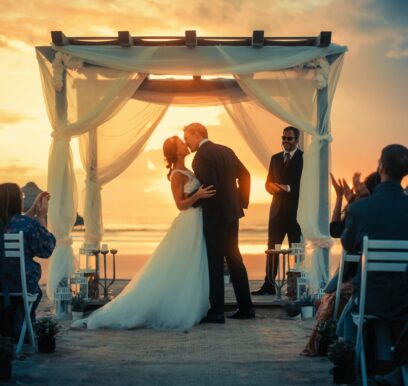 Beautiful,Bride,And,Groom,During,An,Outdoors,Wedding,Ceremony,On